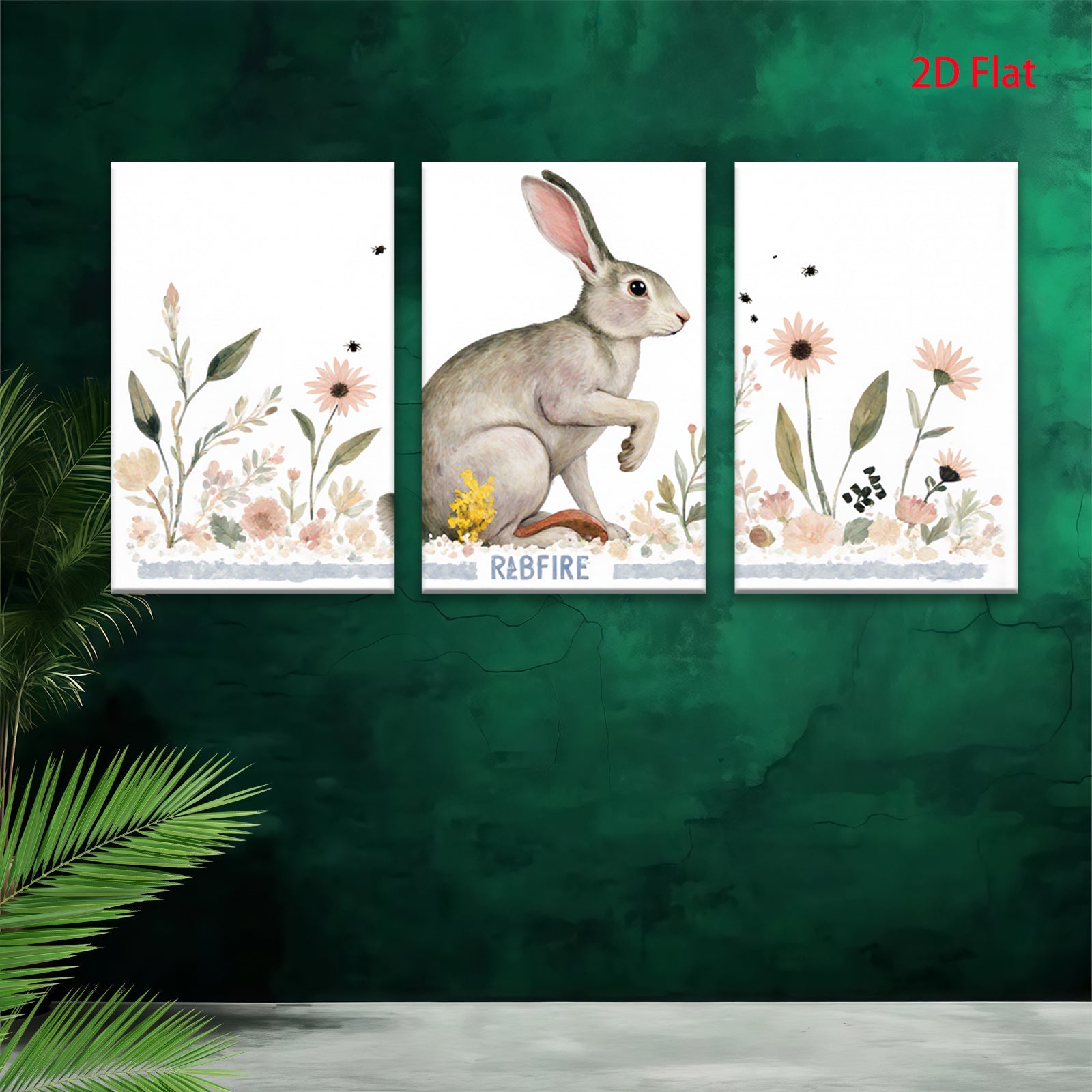 2D flat 1pc charming bunny wildflower painting rustic farmhouse wall art bedroom living room decor gallery wrapped canvas print modern minimalist style