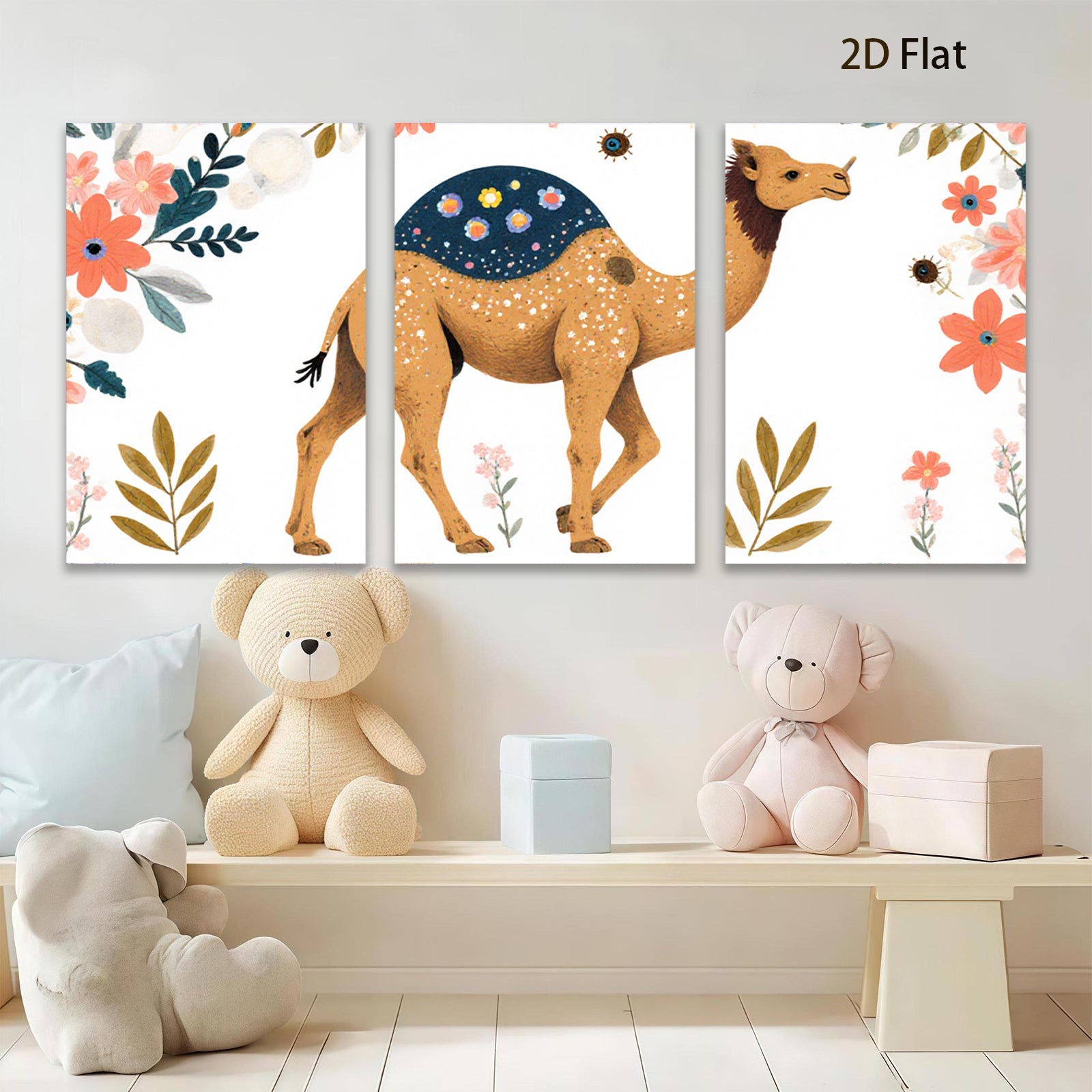 2D flat 1pc charming camel artwork floral background nursery playroom kids room decor wall art prints modern farmhouse style gallery wrapped canvas