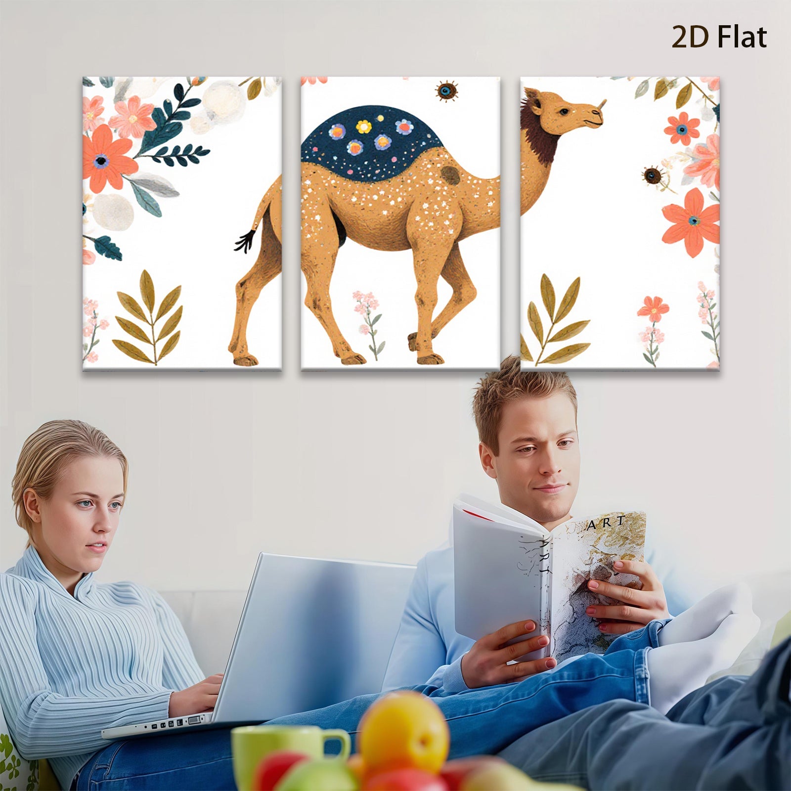 2D flat 1pc charming camel artwork floral background nursery playroom kids room decor wall art prints modern farmhouse style gallery wrapped canvas