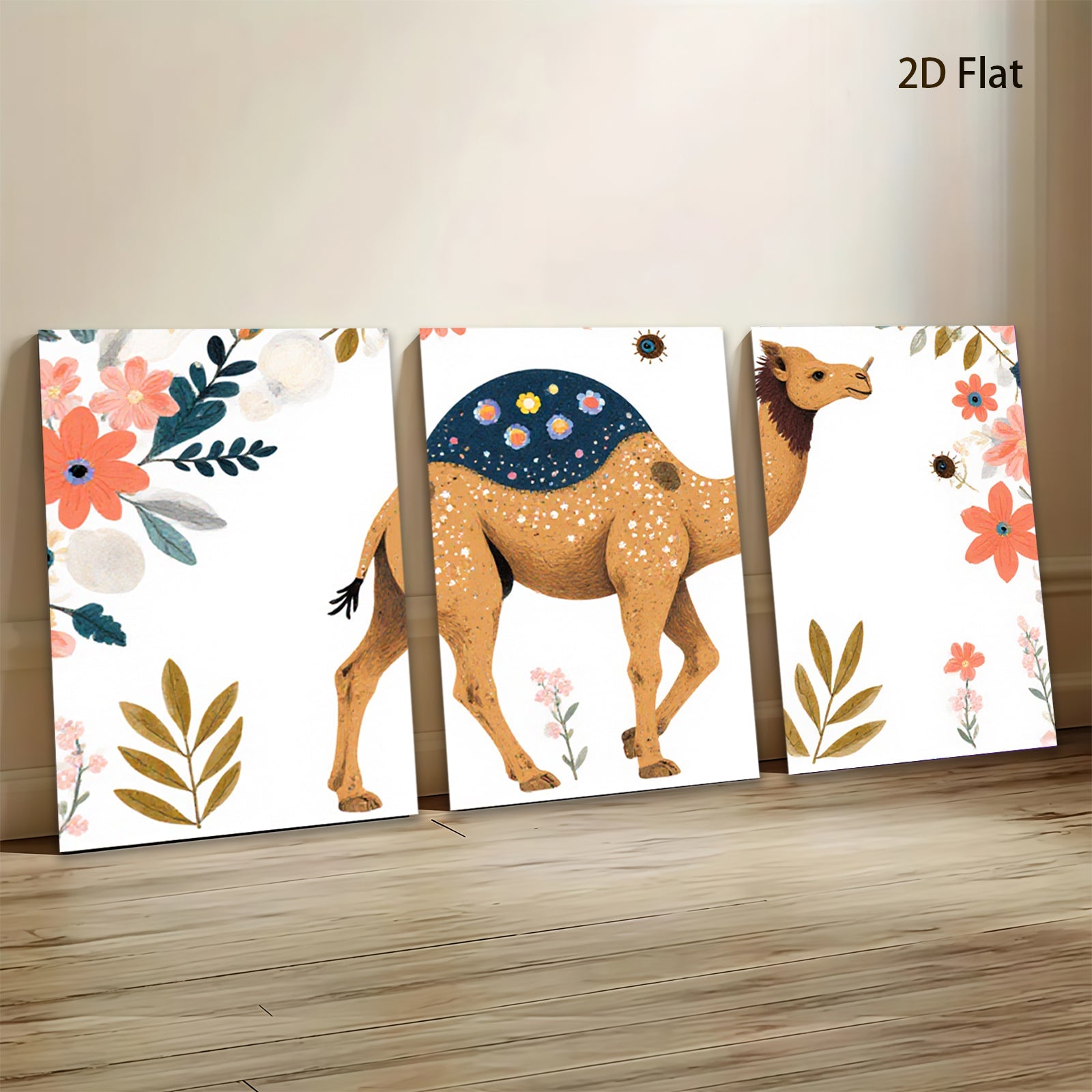 2D flat 1pc charming camel artwork floral background nursery playroom kids room decor wall art prints modern farmhouse style gallery wrapped canvas