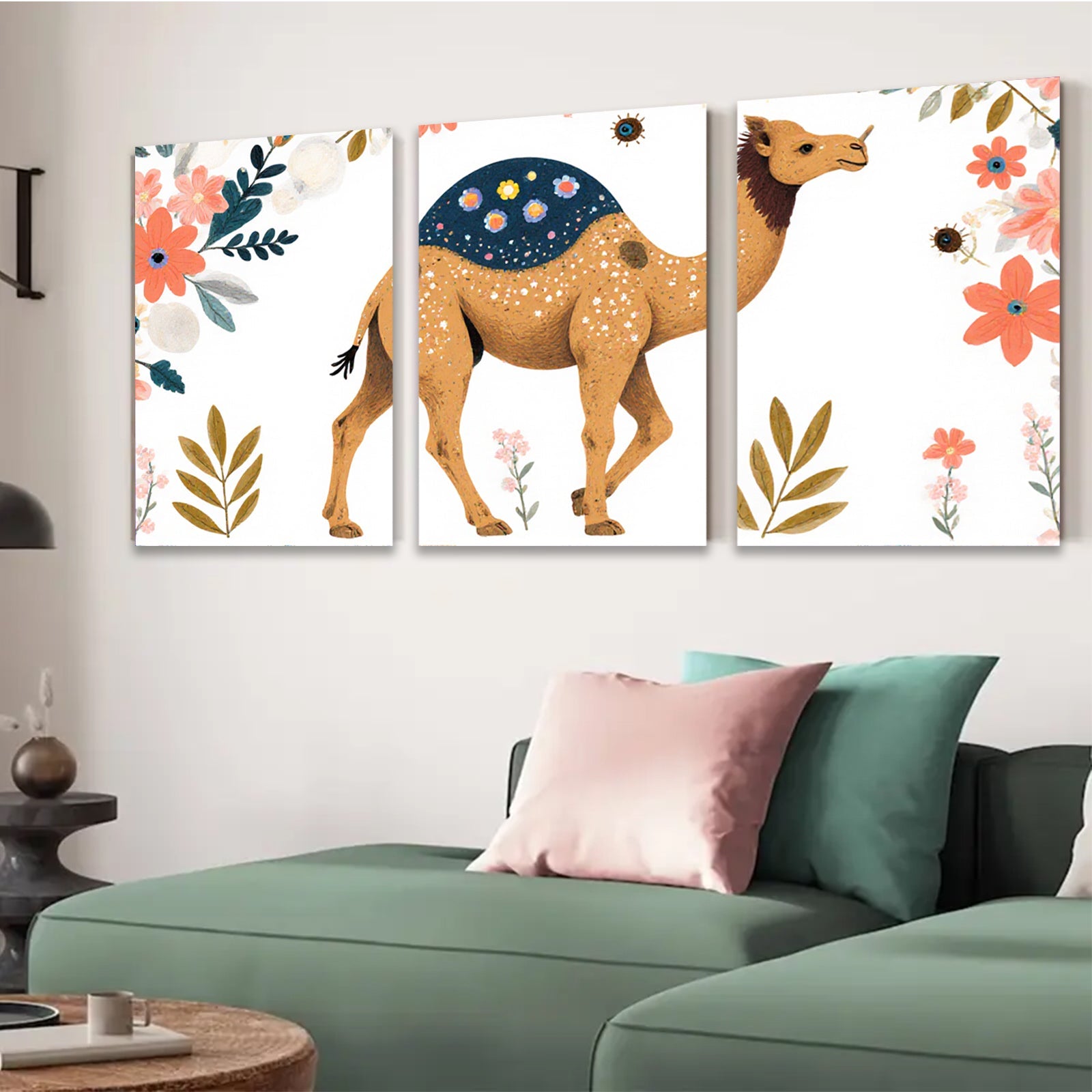 2D flat 1pc charming camel artwork floral background nursery playroom kids room decor wall art prints modern farmhouse style gallery wrapped canvas