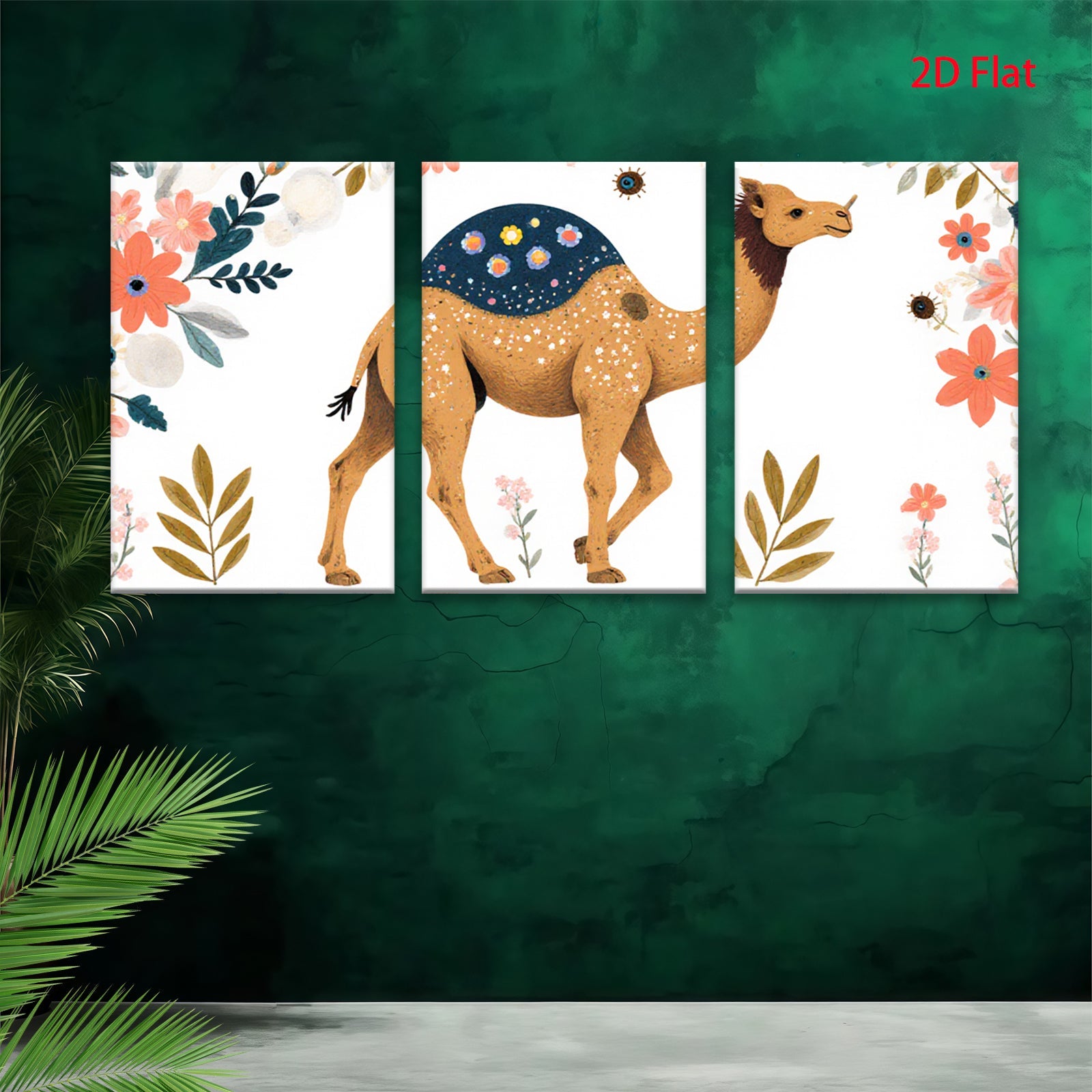 2D flat 1pc charming camel artwork floral background nursery playroom kids room decor wall art prints modern farmhouse style gallery wrapped canvas