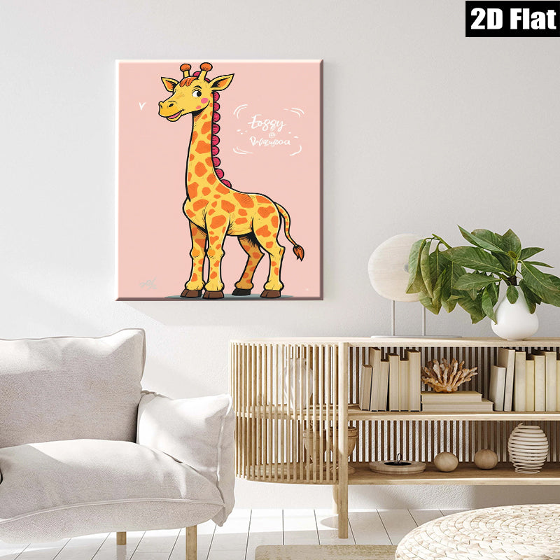 2D flat 1pc charming cartoon giraffe wall art kids room nursery playroom decor modern farmhouse style canvas prints gallery wrapped ready to hang