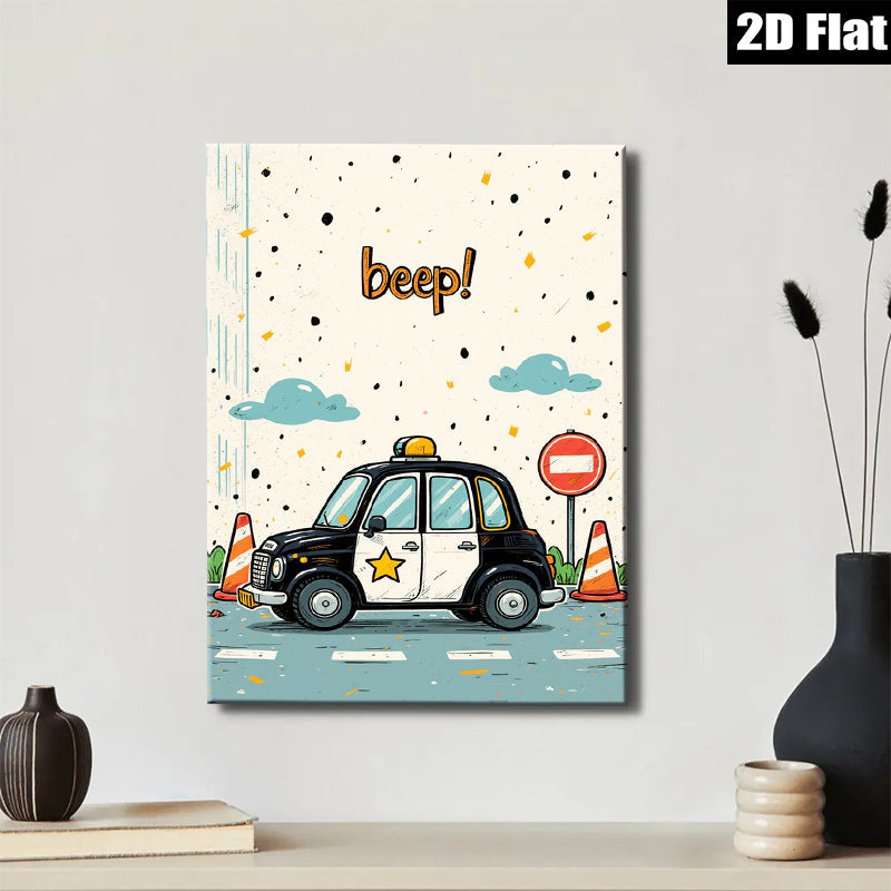 2D flat 1pc charming cartoon police car wall decor kids bedroom nursery playroom modern farmhouse gallery wrapped canvas print vibrant colors