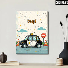 2D flat 1pc charming cartoon police car wall decor kids bedroom nursery playroom modern farmhouse gallery wrapped canvas print vibrant colors