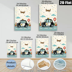 2D flat 1pc charming cartoon police car wall decor kids bedroom nursery playroom modern farmhouse gallery wrapped canvas print vibrant colors