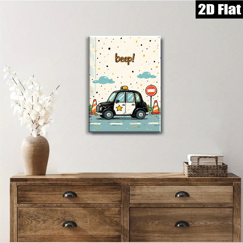 2D flat 1pc charming cartoon police car wall decor kids bedroom nursery playroom modern farmhouse gallery wrapped canvas print vibrant colors