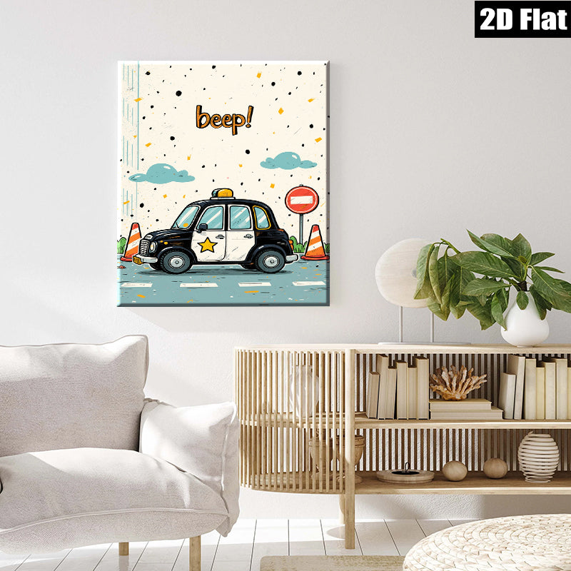 2D flat 1pc charming cartoon police car wall decor kids bedroom nursery playroom modern farmhouse gallery wrapped canvas print vibrant colors