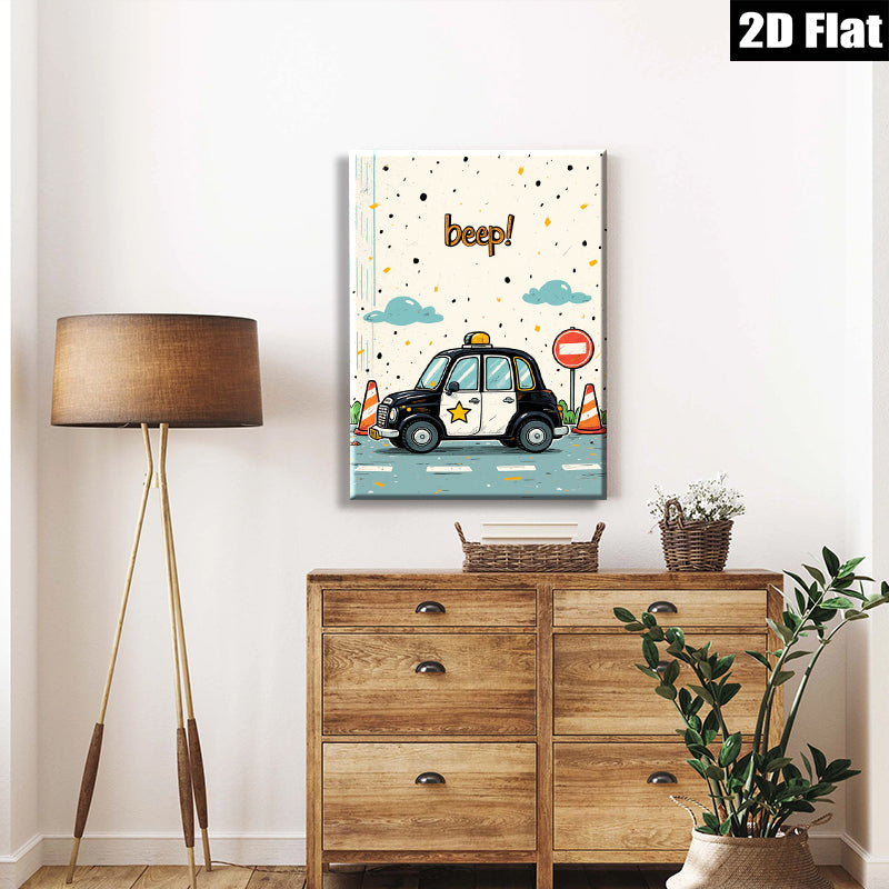 2D flat 1pc charming cartoon police car wall decor kids bedroom nursery playroom modern farmhouse gallery wrapped canvas print vibrant colors
