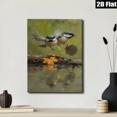 2D flat 1pc charming chickadee bathing amidst autumn leaves perfect for cozy farmhouse wall decor living room kitchen gallery wrapped canvas print
