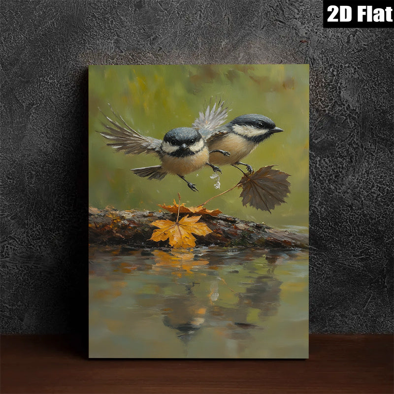2D flat 1pc charming chickadee bathing amidst autumn leaves perfect for cozy farmhouse wall decor living room kitchen gallery wrapped canvas print