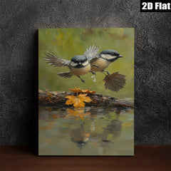 2D flat 1pc charming chickadee bathing amidst autumn leaves perfect for cozy farmhouse wall decor living room kitchen gallery wrapped canvas print
