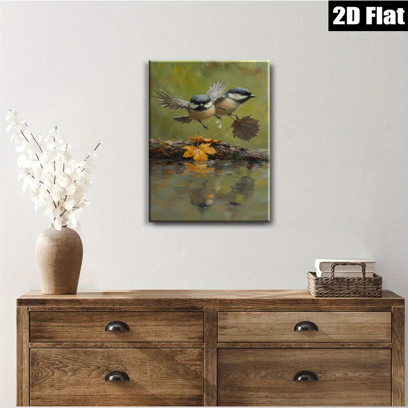 2D flat 1pc charming chickadee bathing amidst autumn leaves perfect for cozy farmhouse wall decor living room kitchen gallery wrapped canvas print