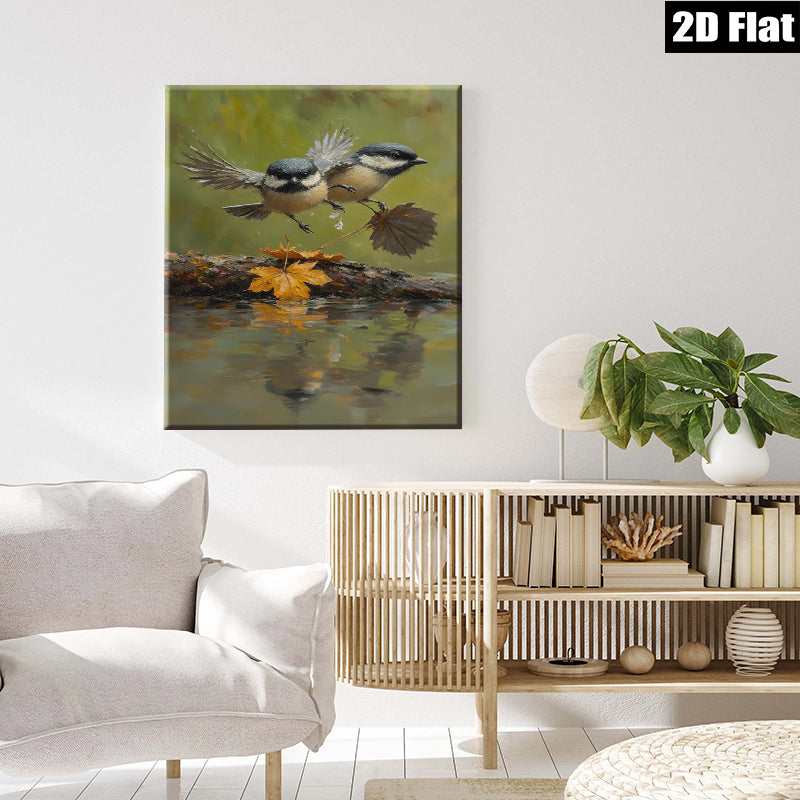 2D flat 1pc charming chickadee bathing amidst autumn leaves perfect for cozy farmhouse wall decor living room kitchen gallery wrapped canvas print
