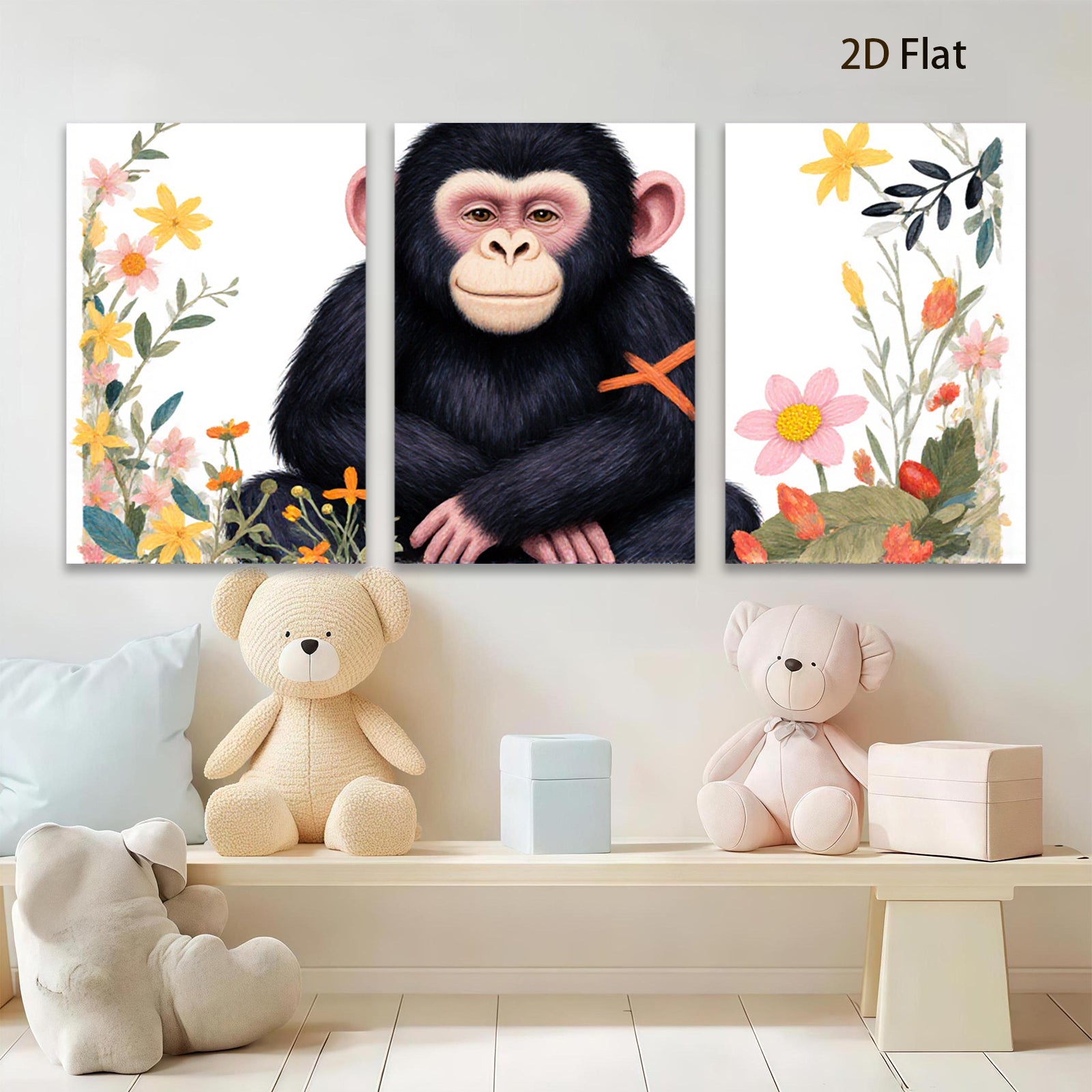 2D flat 1pc charming chimpanzee floral botanical wall art for living room bedroom gallery wrapped canvas print modern farmhouse decor cozy vibes
