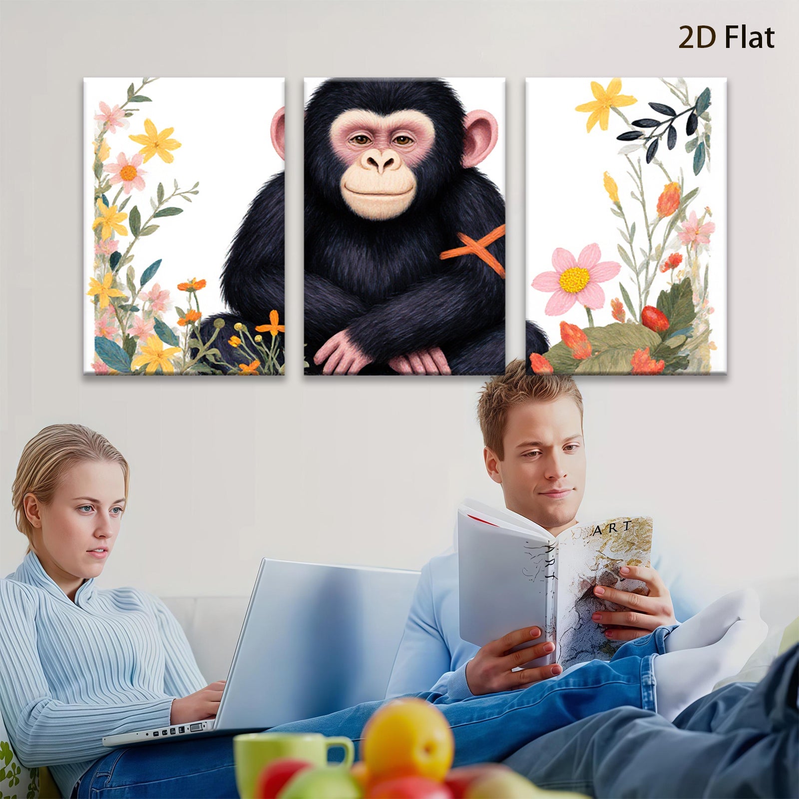 2D flat 1pc charming chimpanzee floral botanical wall art for living room bedroom gallery wrapped canvas print modern farmhouse decor cozy vibes