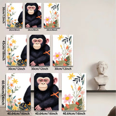 2D flat 1pc charming chimpanzee floral botanical wall art for living room bedroom gallery wrapped canvas print modern farmhouse decor cozy vibes