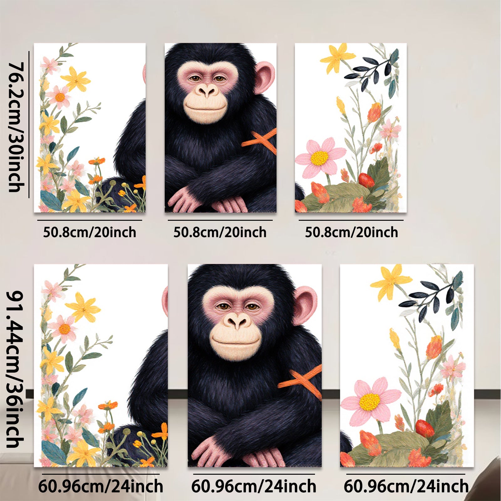 2D flat 1pc charming chimpanzee floral botanical wall art for living room bedroom gallery wrapped canvas print modern farmhouse decor cozy vibes