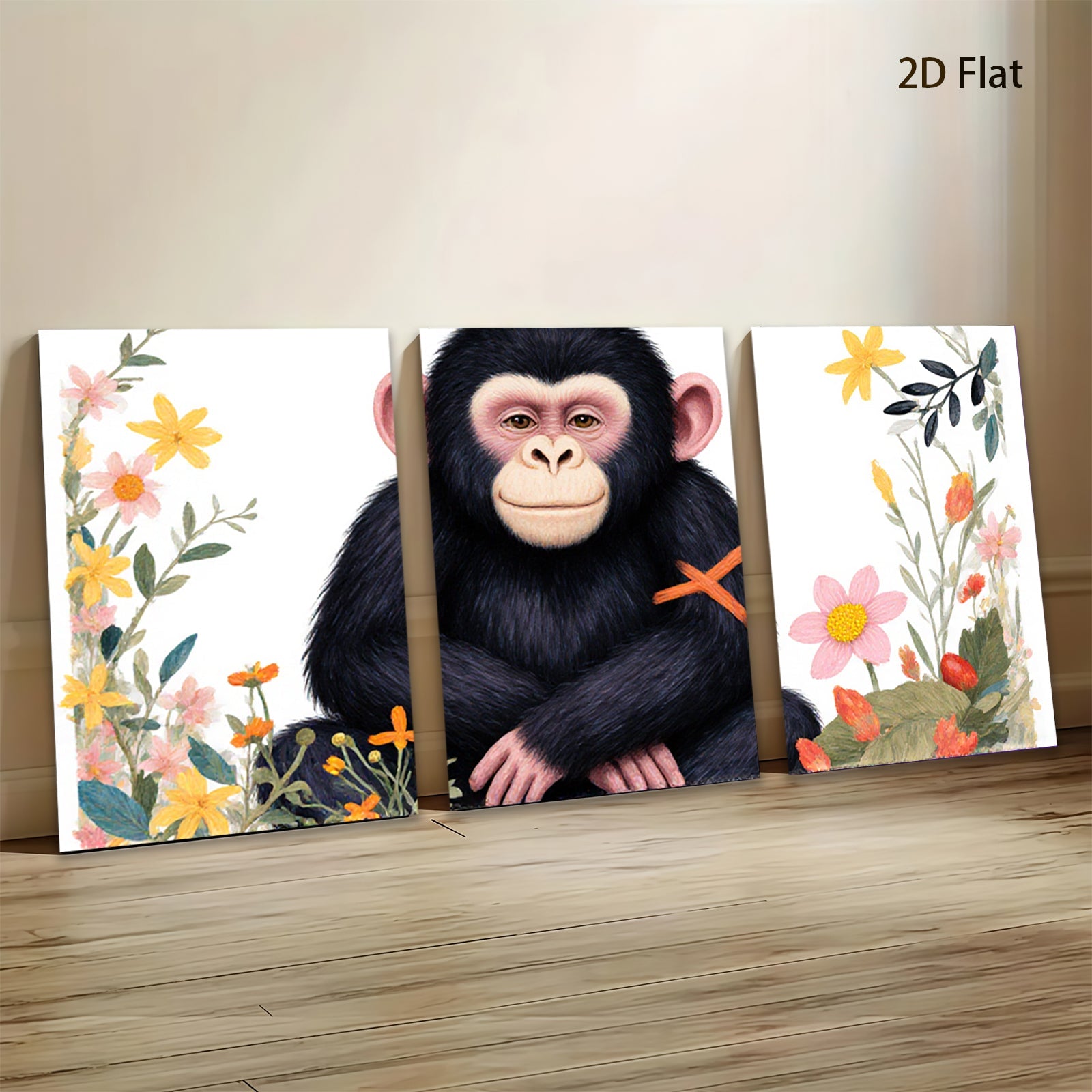 2D flat 1pc charming chimpanzee floral botanical wall art for living room bedroom gallery wrapped canvas print modern farmhouse decor cozy vibes