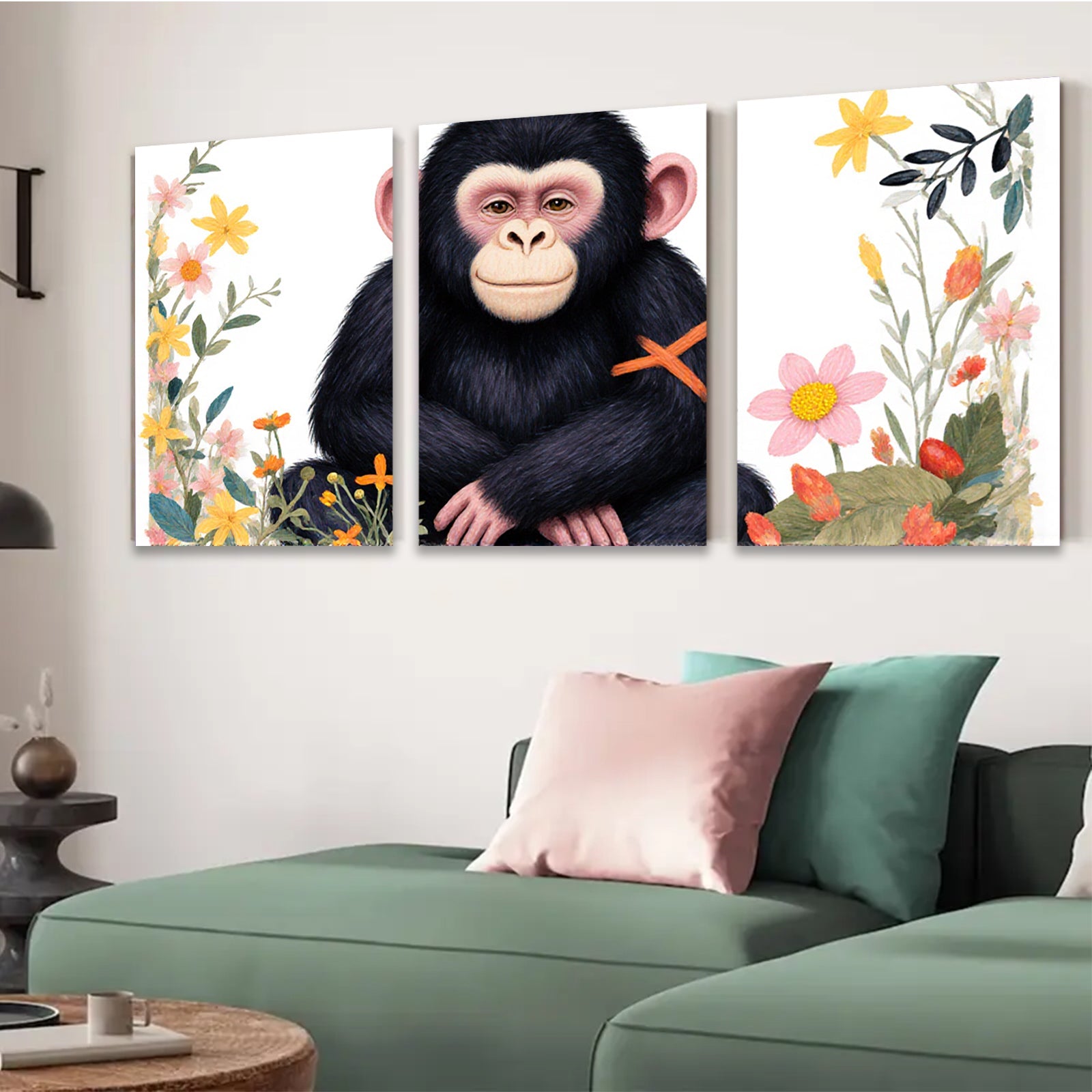 2D flat 1pc charming chimpanzee floral botanical wall art for living room bedroom gallery wrapped canvas print modern farmhouse decor cozy vibes