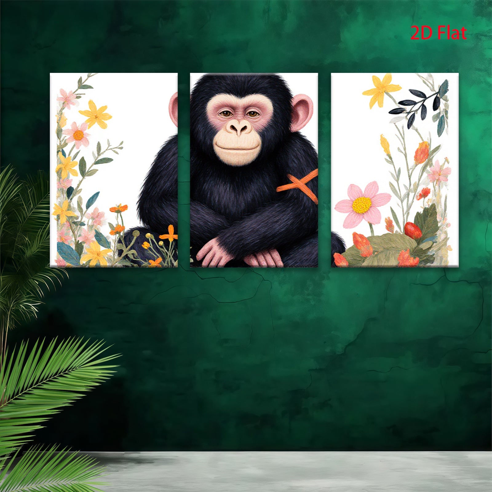 2D flat 1pc charming chimpanzee floral botanical wall art for living room bedroom gallery wrapped canvas print modern farmhouse decor cozy vibes