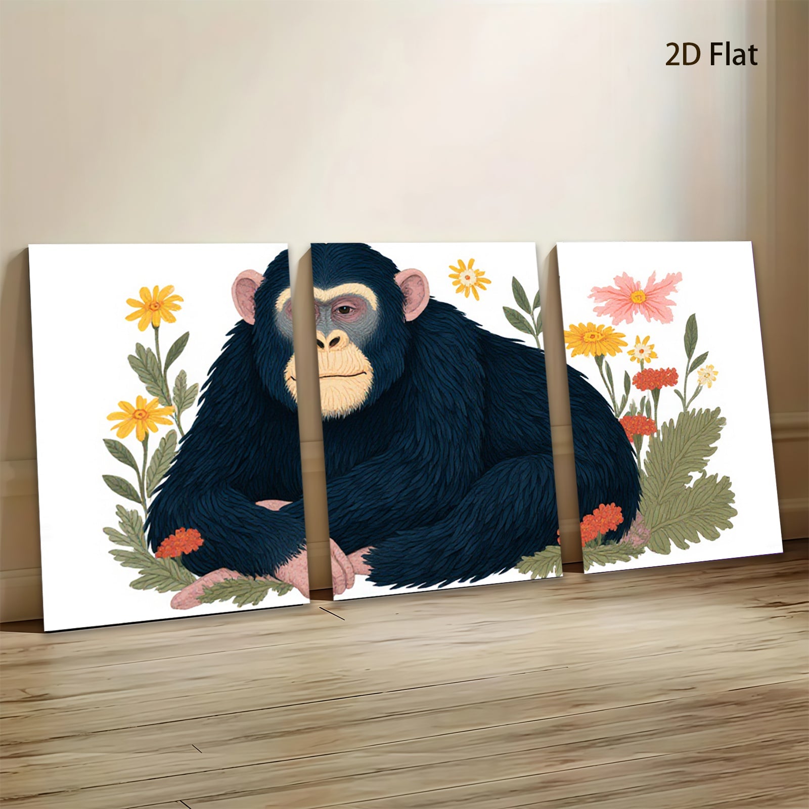 2D flat 1pc charming chimpanzee portrait floral botanical wall art home decor living room bedroom gallery wrapped canvas prints modern farmhouse style