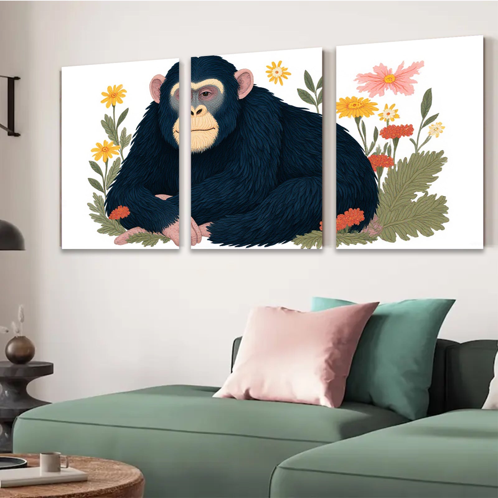 2D flat 1pc charming chimpanzee portrait floral botanical wall art home decor living room bedroom gallery wrapped canvas prints modern farmhouse style