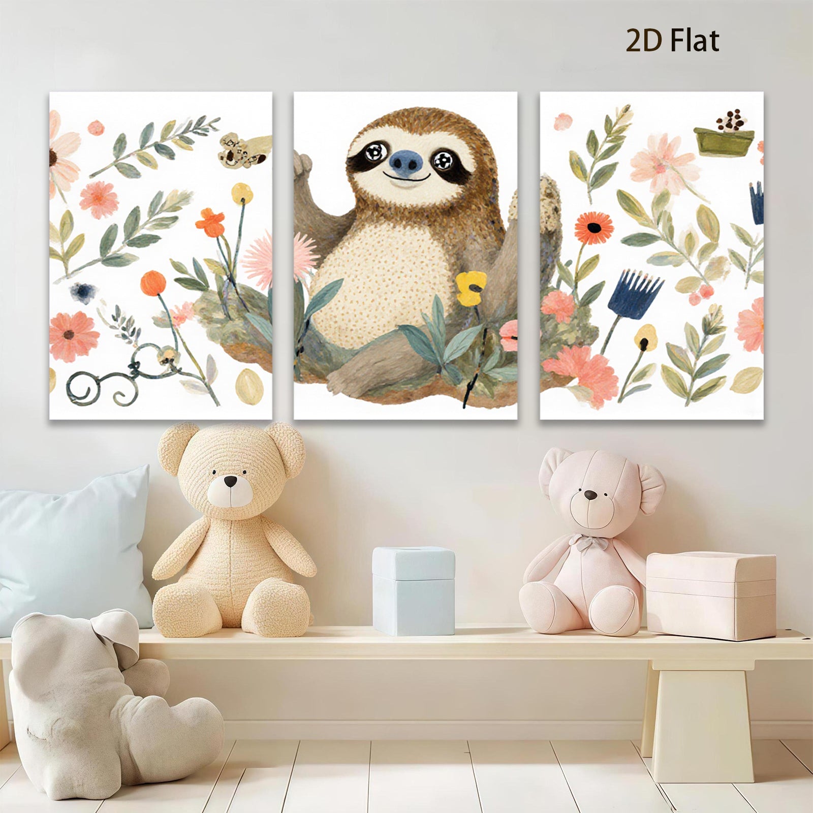 2D flat 1pc charming floral sloth wall art canvas prints for bedroom living room nursery decor farmhouse style modern minimalist cozy vibe