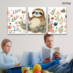2D flat 1pc charming floral sloth wall art canvas prints for bedroom living room nursery decor farmhouse style modern minimalist cozy vibe