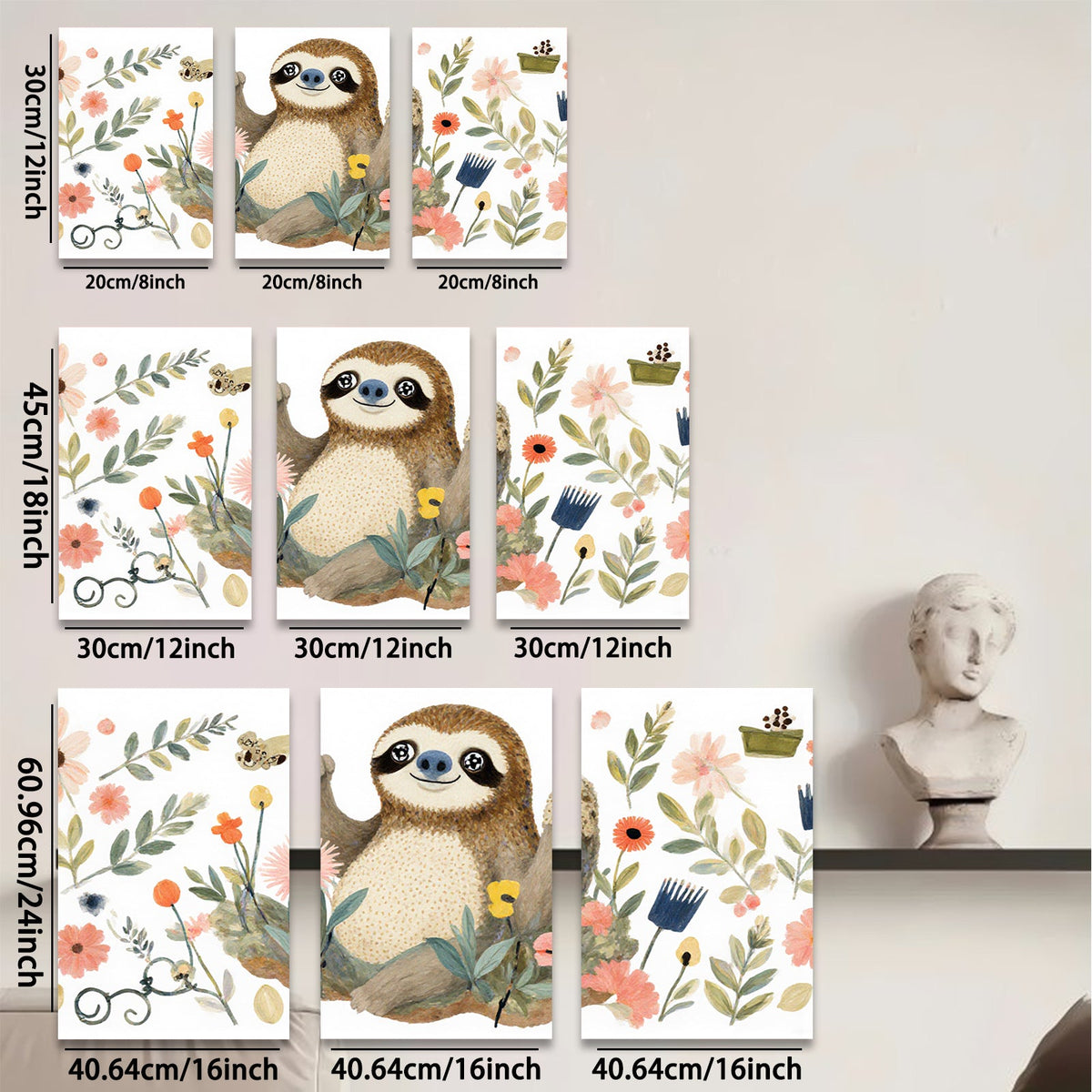 2D flat 1pc charming floral sloth wall art canvas prints for bedroom living room nursery decor farmhouse style modern minimalist cozy vibe