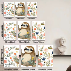 2D flat 1pc charming floral sloth wall art canvas prints for bedroom living room nursery decor farmhouse style modern minimalist cozy vibe