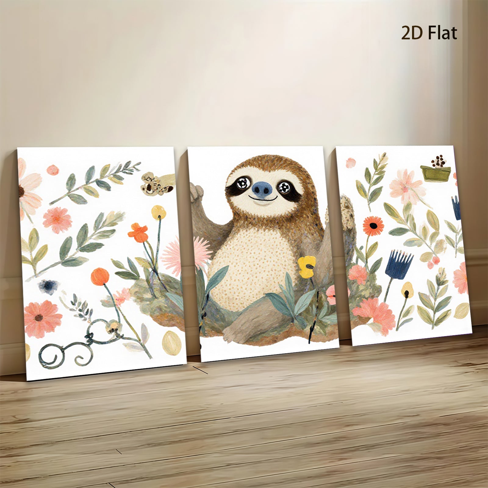 2D flat 1pc charming floral sloth wall art canvas prints for bedroom living room nursery decor farmhouse style modern minimalist cozy vibe