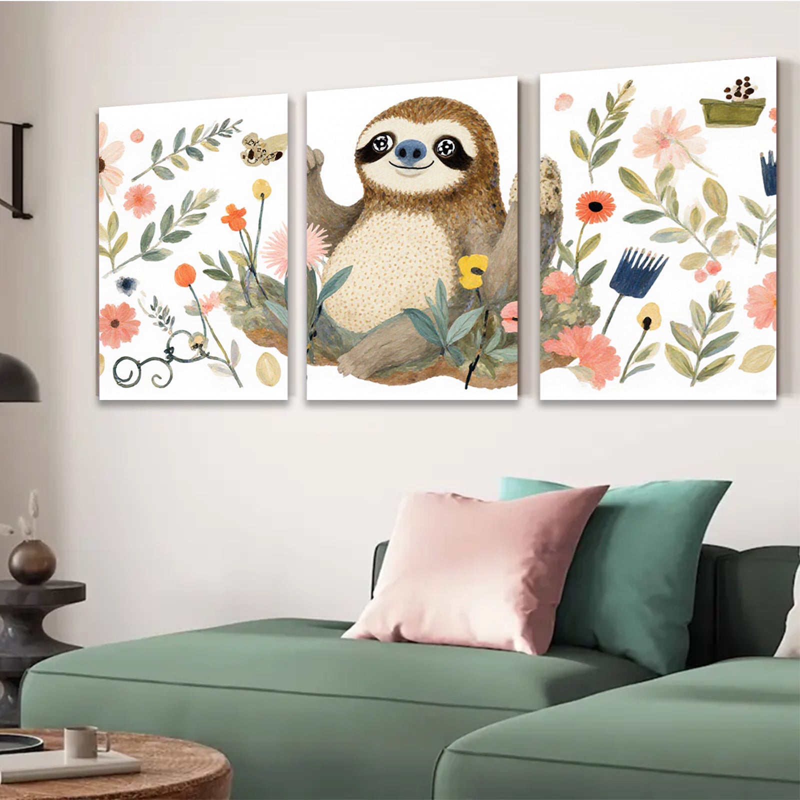 2D flat 1pc charming floral sloth wall art canvas prints for bedroom living room nursery decor farmhouse style modern minimalist cozy vibe