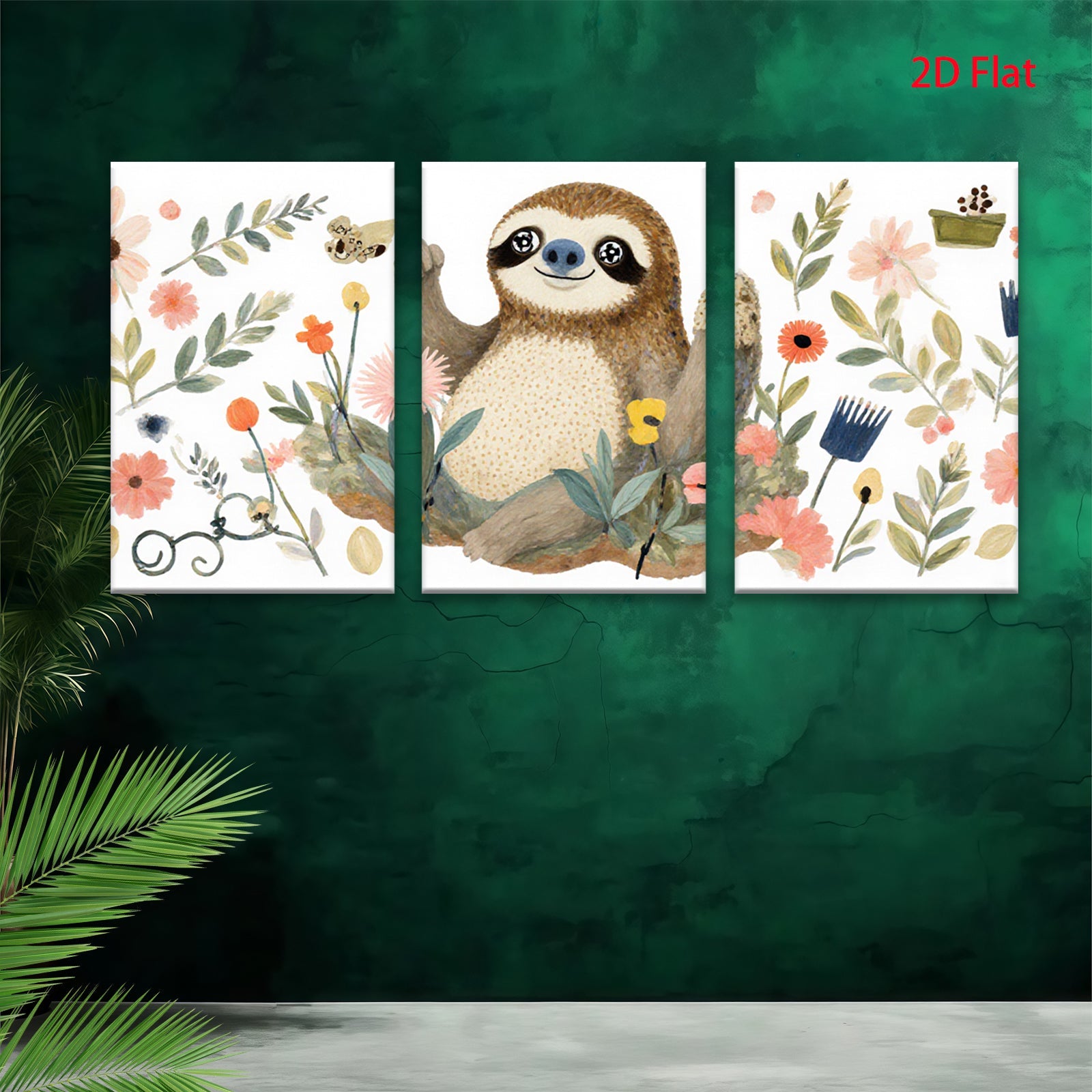 2D flat 1pc charming floral sloth wall art canvas prints for bedroom living room nursery decor farmhouse style modern minimalist cozy vibe
