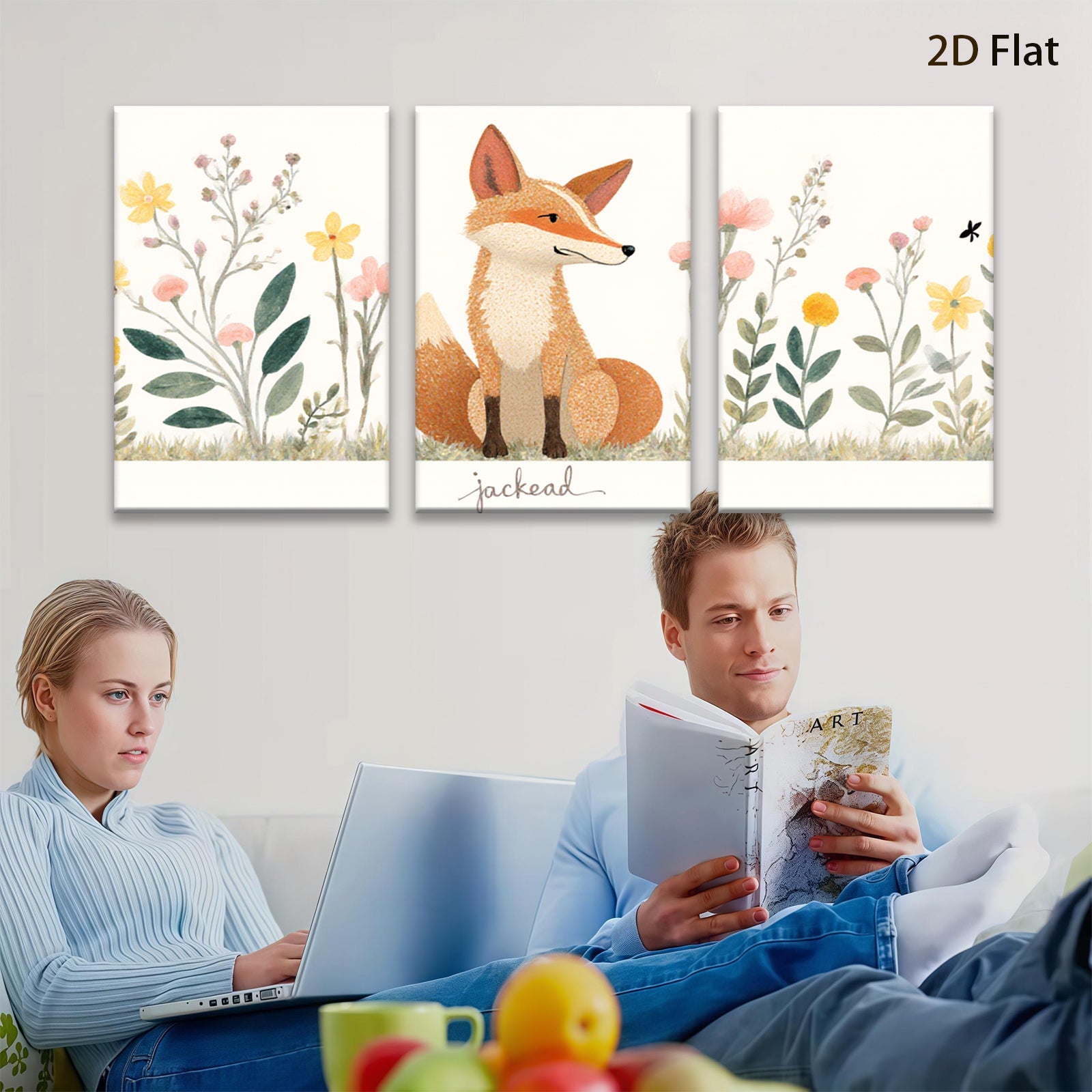 2D flat 1pc charming fox wildflower painting wall art decor for bedroom living room farmhouse style gallery wrapped canvas prints modern botanical artwork