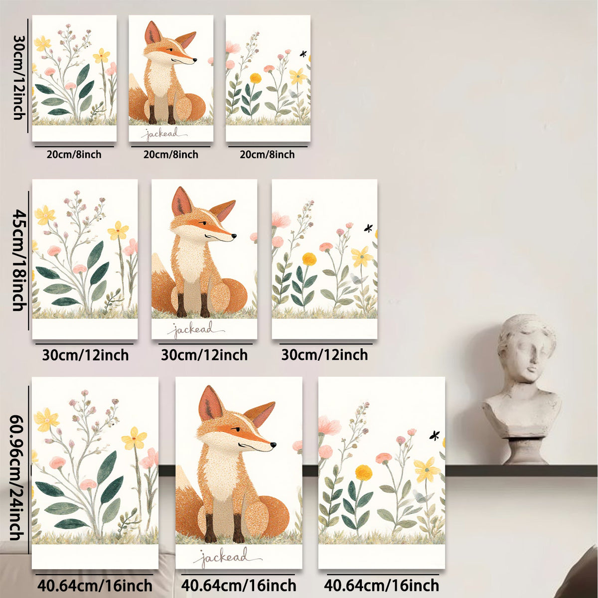 2D flat 1pc charming fox wildflower painting wall art decor for bedroom living room farmhouse style gallery wrapped canvas prints modern botanical artwork