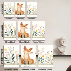 2D flat 1pc charming fox wildflower painting wall art decor for bedroom living room farmhouse style gallery wrapped canvas prints modern botanical artwork