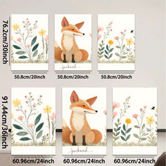 2D flat 1pc charming fox wildflower painting wall art decor for bedroom living room farmhouse style gallery wrapped canvas prints modern botanical artwork