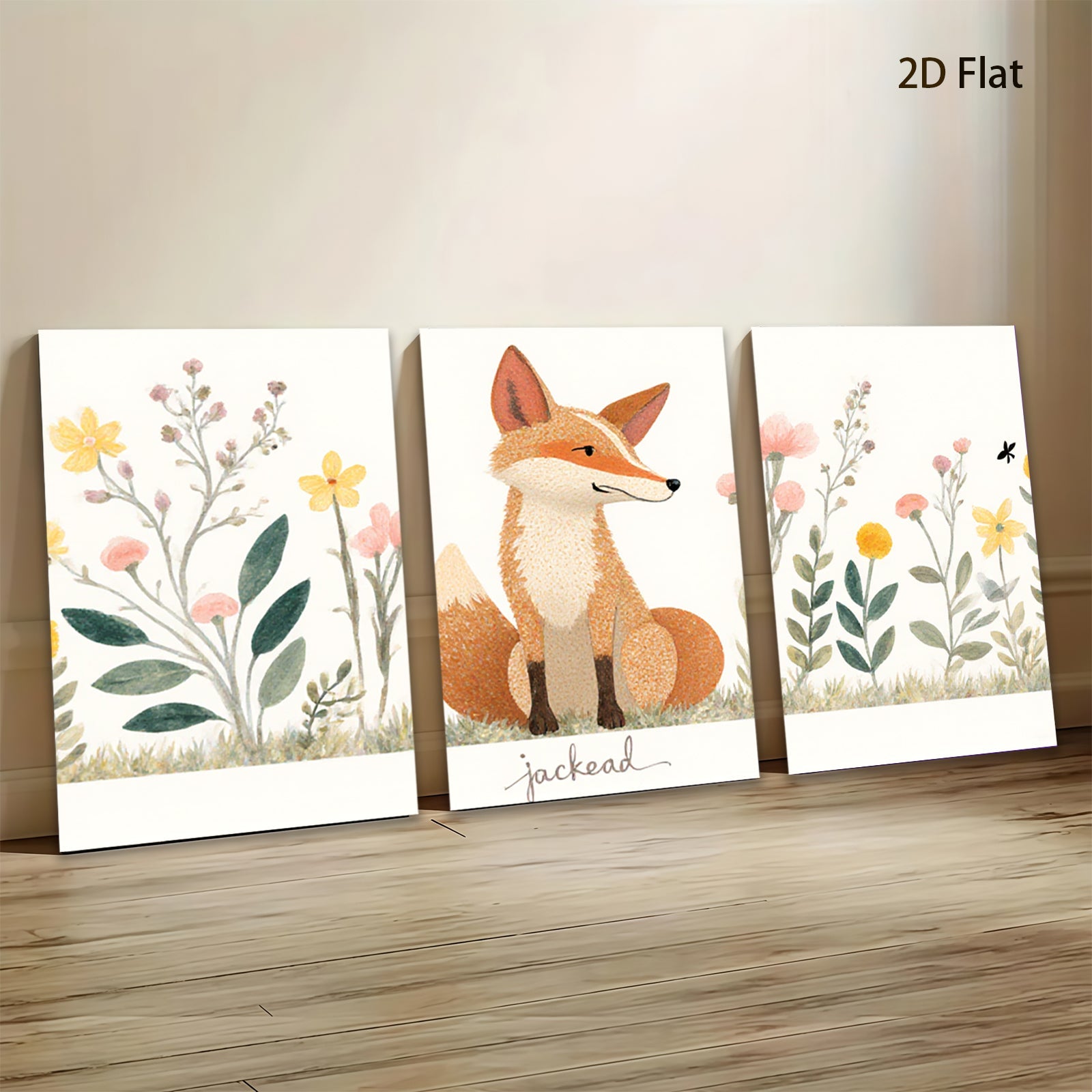 2D flat 1pc charming fox wildflower painting wall art decor for bedroom living room farmhouse style gallery wrapped canvas prints modern botanical artwork