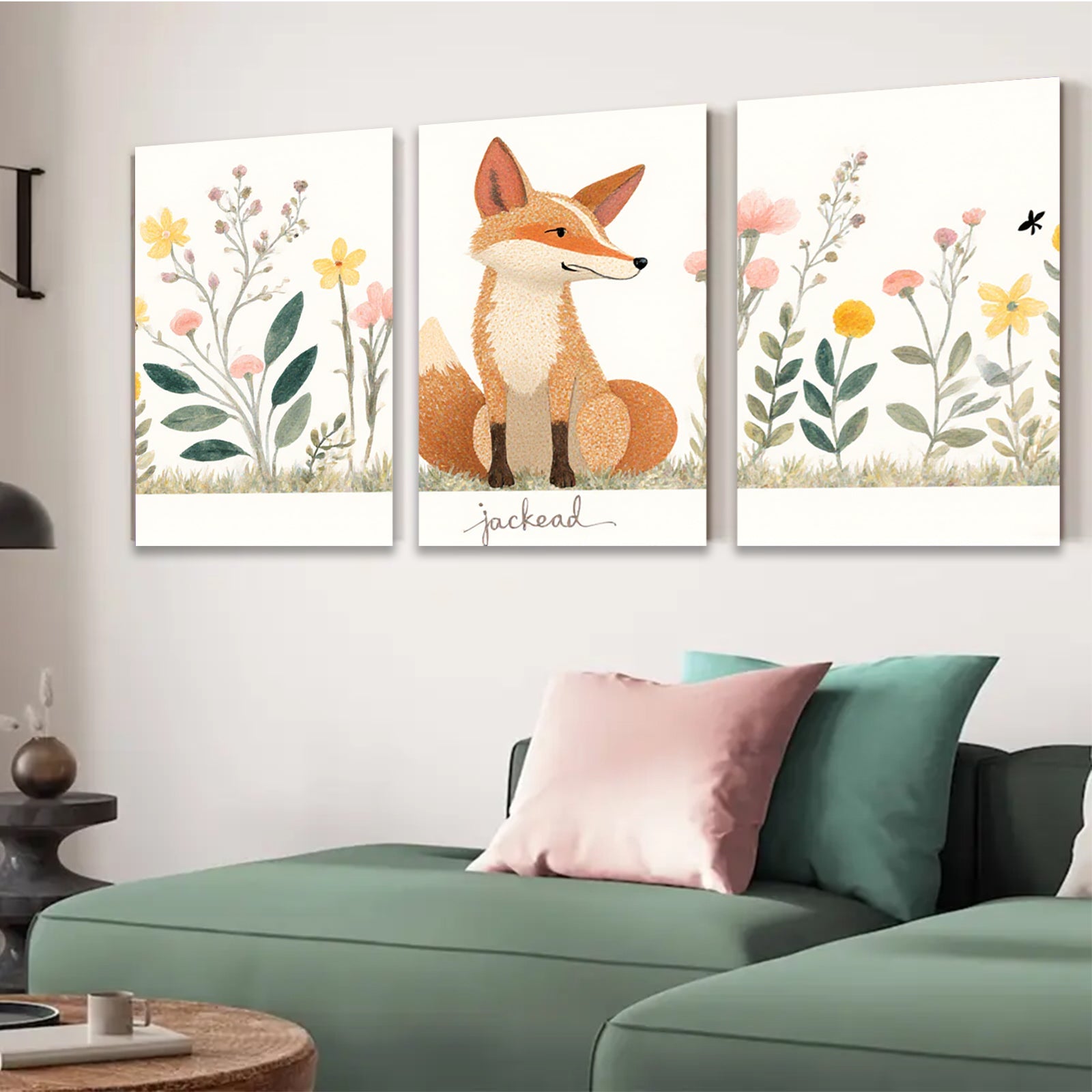 2D flat 1pc charming fox wildflower painting wall art decor for bedroom living room farmhouse style gallery wrapped canvas prints modern botanical artwork