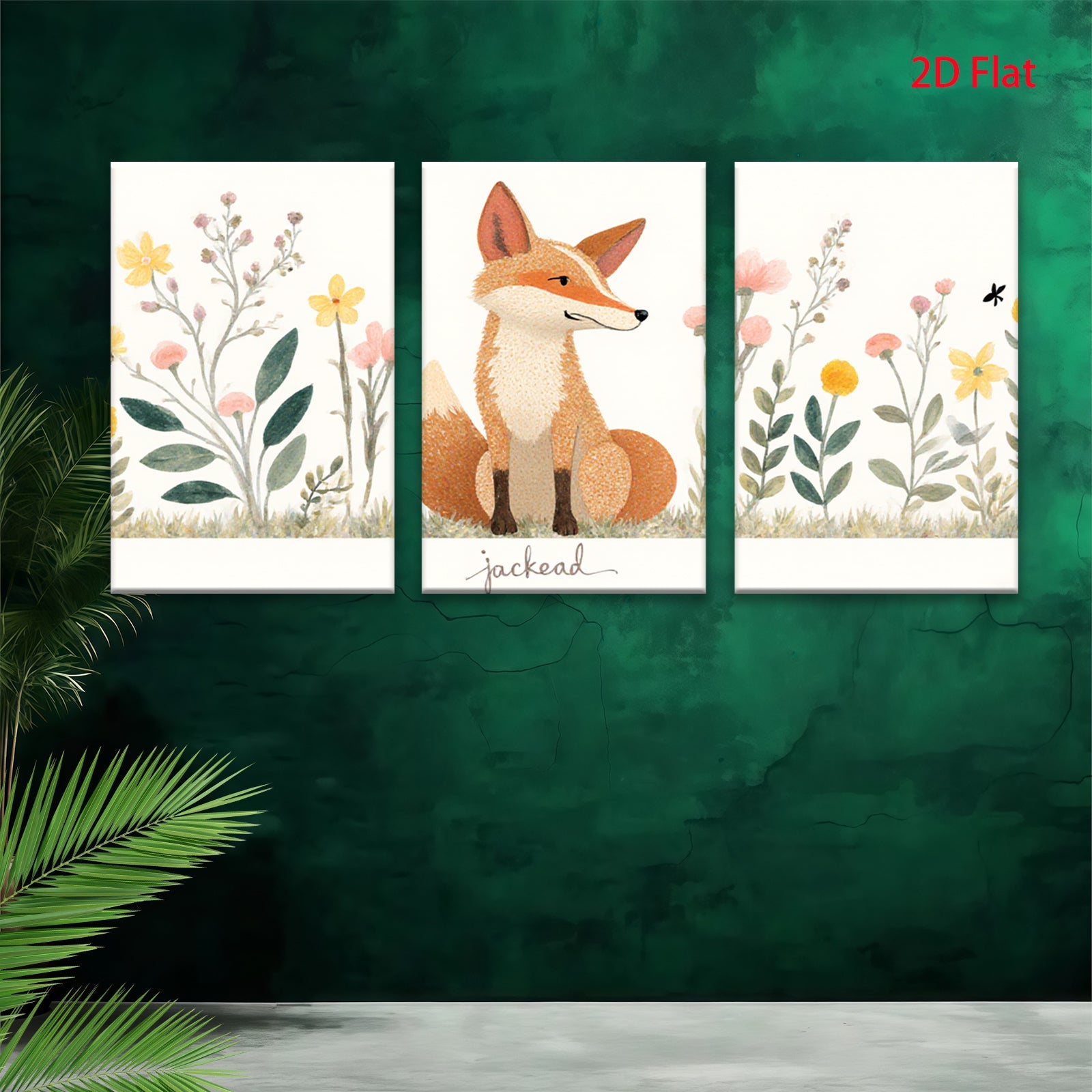 2D flat 1pc charming fox wildflower painting wall art decor for bedroom living room farmhouse style gallery wrapped canvas prints modern botanical artwork