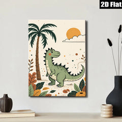 2D flat 1pc charming green dinosaur jungle wall art kids room nursery playroom decor modern farmhouse aesthetic gallery wrapped canvas print
