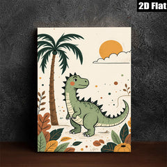 2D flat 1pc charming green dinosaur jungle wall art kids room nursery playroom decor modern farmhouse aesthetic gallery wrapped canvas print