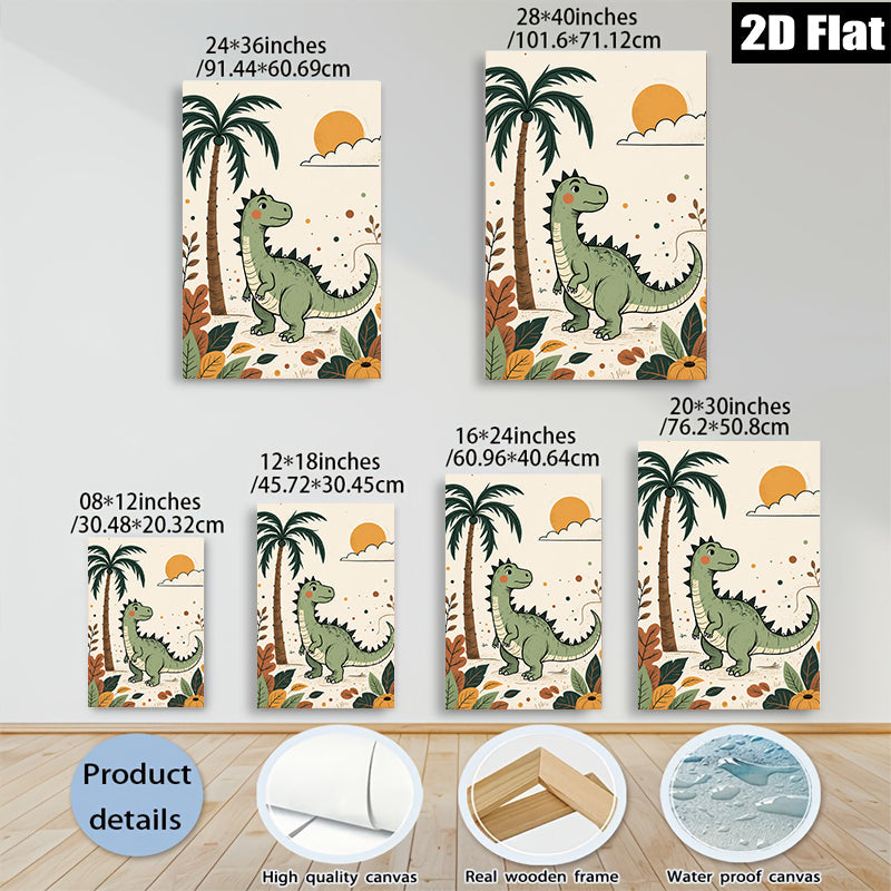 2D flat 1pc charming green dinosaur jungle wall art kids room nursery playroom decor modern farmhouse aesthetic gallery wrapped canvas print