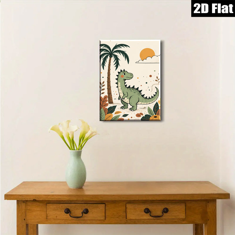 2D flat 1pc charming green dinosaur jungle wall art kids room nursery playroom decor modern farmhouse aesthetic gallery wrapped canvas print