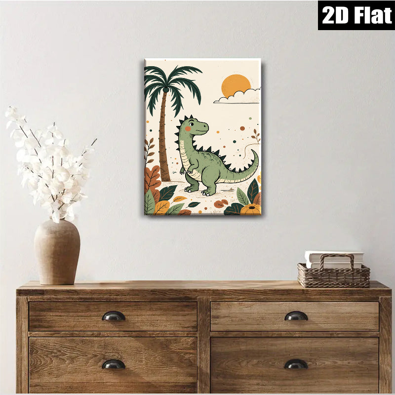 2D flat 1pc charming green dinosaur jungle wall art kids room nursery playroom decor modern farmhouse aesthetic gallery wrapped canvas print