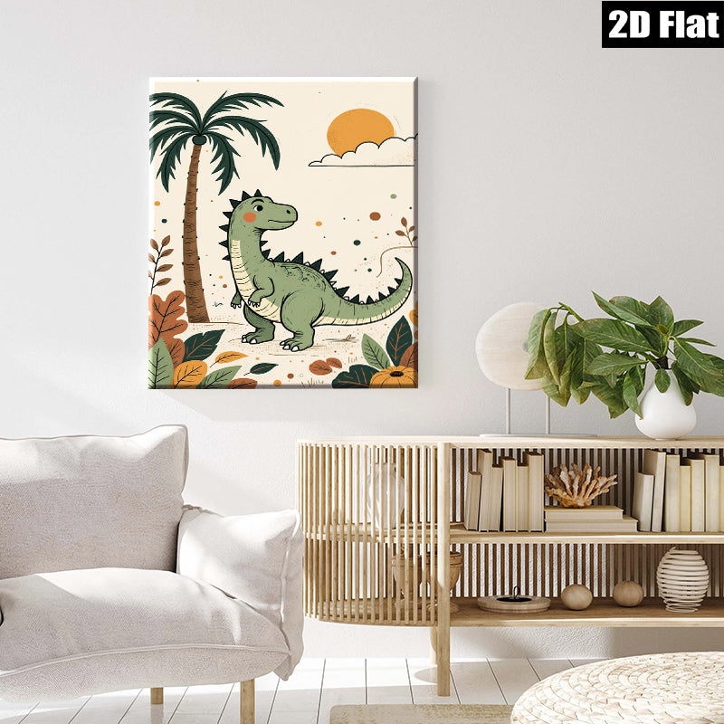 2D flat 1pc charming green dinosaur jungle wall art kids room nursery playroom decor modern farmhouse aesthetic gallery wrapped canvas print