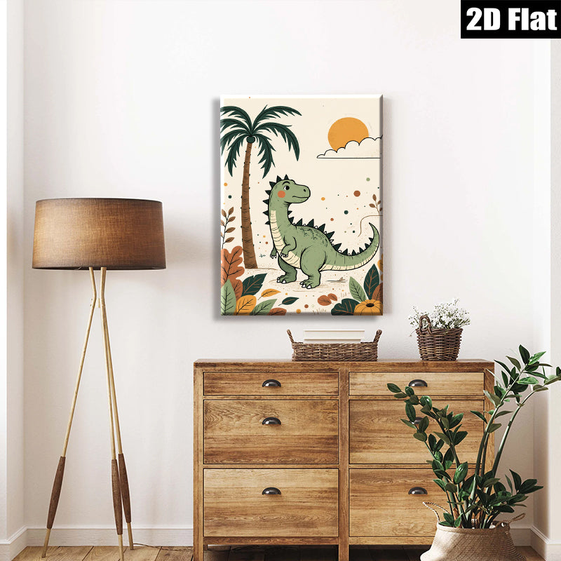 2D flat 1pc charming green dinosaur jungle wall art kids room nursery playroom decor modern farmhouse aesthetic gallery wrapped canvas print