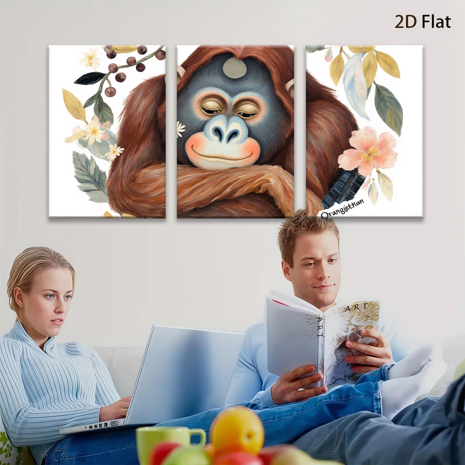 2D flat 1pc charming orangutan portrait botanical wall art bedroom living room decor farmhouse style gallery wrapped canvas prints modern minimalist