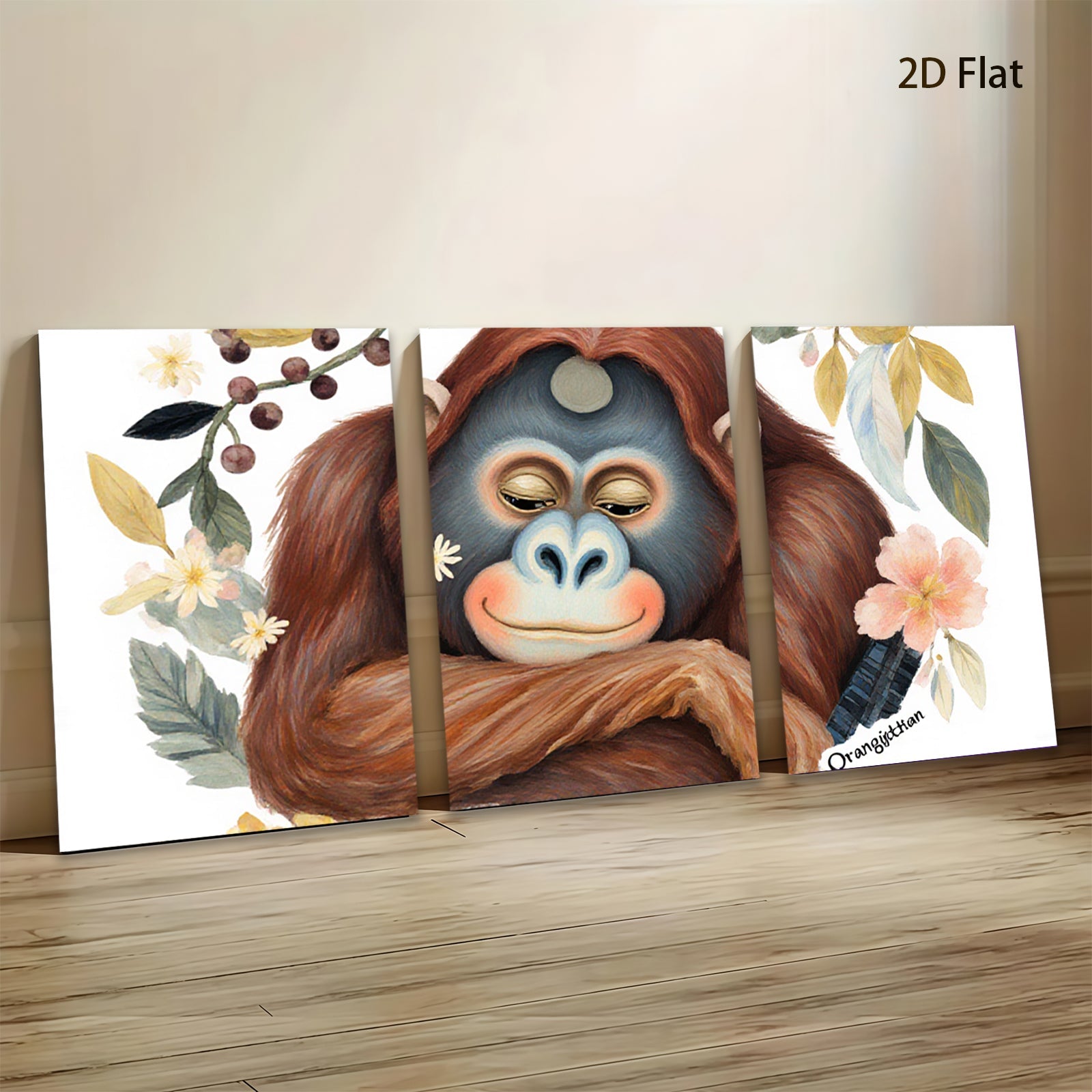 2D flat 1pc charming orangutan portrait botanical wall art bedroom living room decor farmhouse style gallery wrapped canvas prints modern minimalist